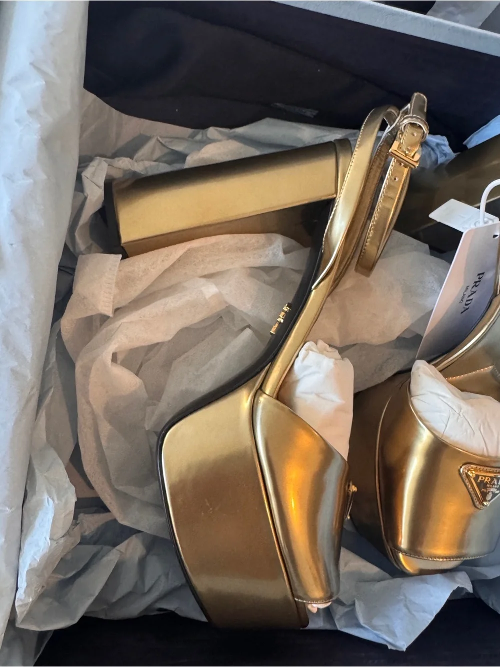 New Gold Prada metallic Platform Ankle-Strap Women's Heels